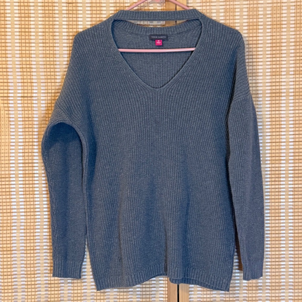 Vince Camuto Women Blue Grey Ribbed Cotton Choker‎ V-Neck Cutout Sweater Medium